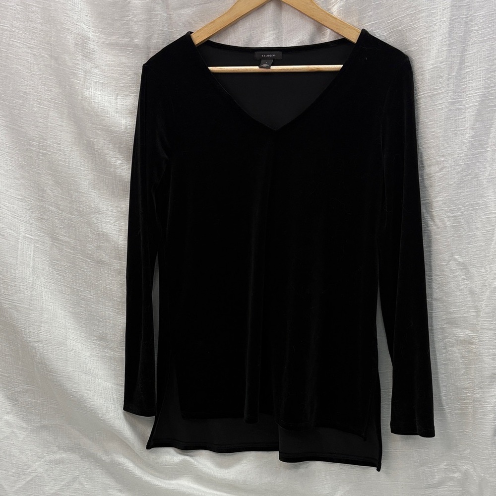 Black Stretch Velvet Women's High Low Top, Halogen, Oversized Small